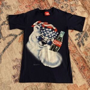 Vintage 90s‎ Coca-Cola Polar Bear Navy American Flag Nostalgia Coke Kid XL